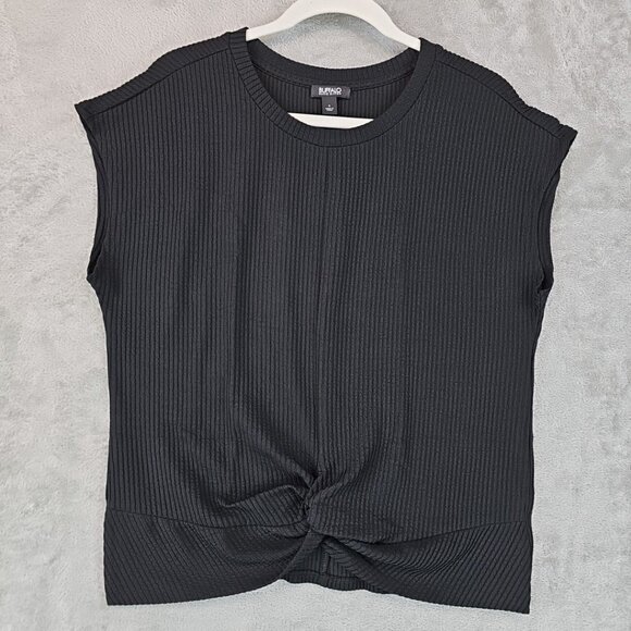 Buffalo David Bitton Twist Front Top Womens Size S Black Ribbed Knit Cap Sleeve - Picture 1 of 7